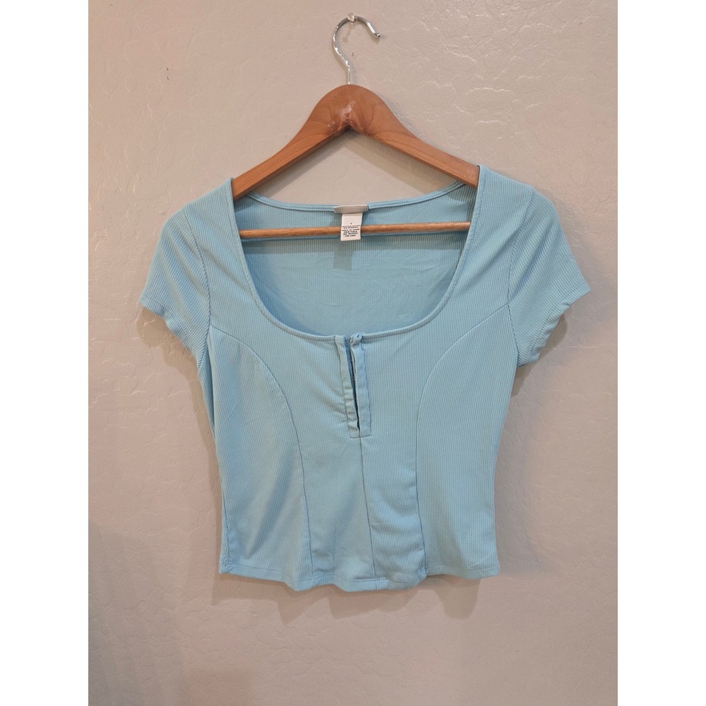 Rue21 Light Blue Ribbed Hook and Eye Corset Style Short Sleeve Top Large crop
